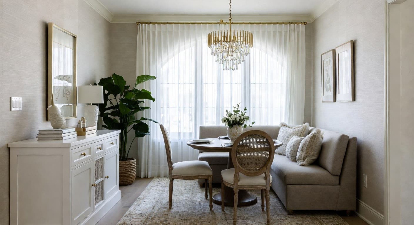 Glam breakfast nook interior design - featuring glam style furniture, decor, colors, and layout ideas for your breakfast nook