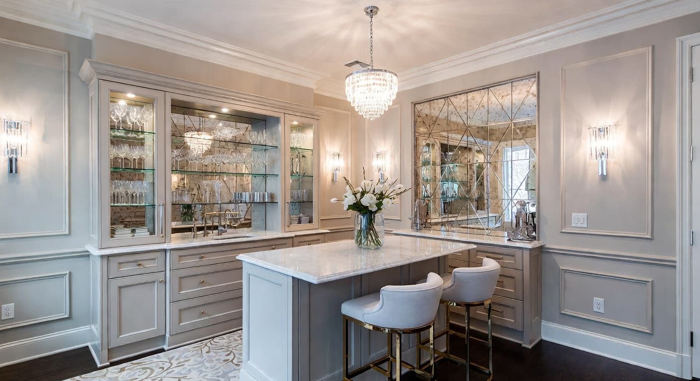 Glam butler's pantry interior design - featuring glam style furniture, decor, colors, and layout ideas for your butler's pantry