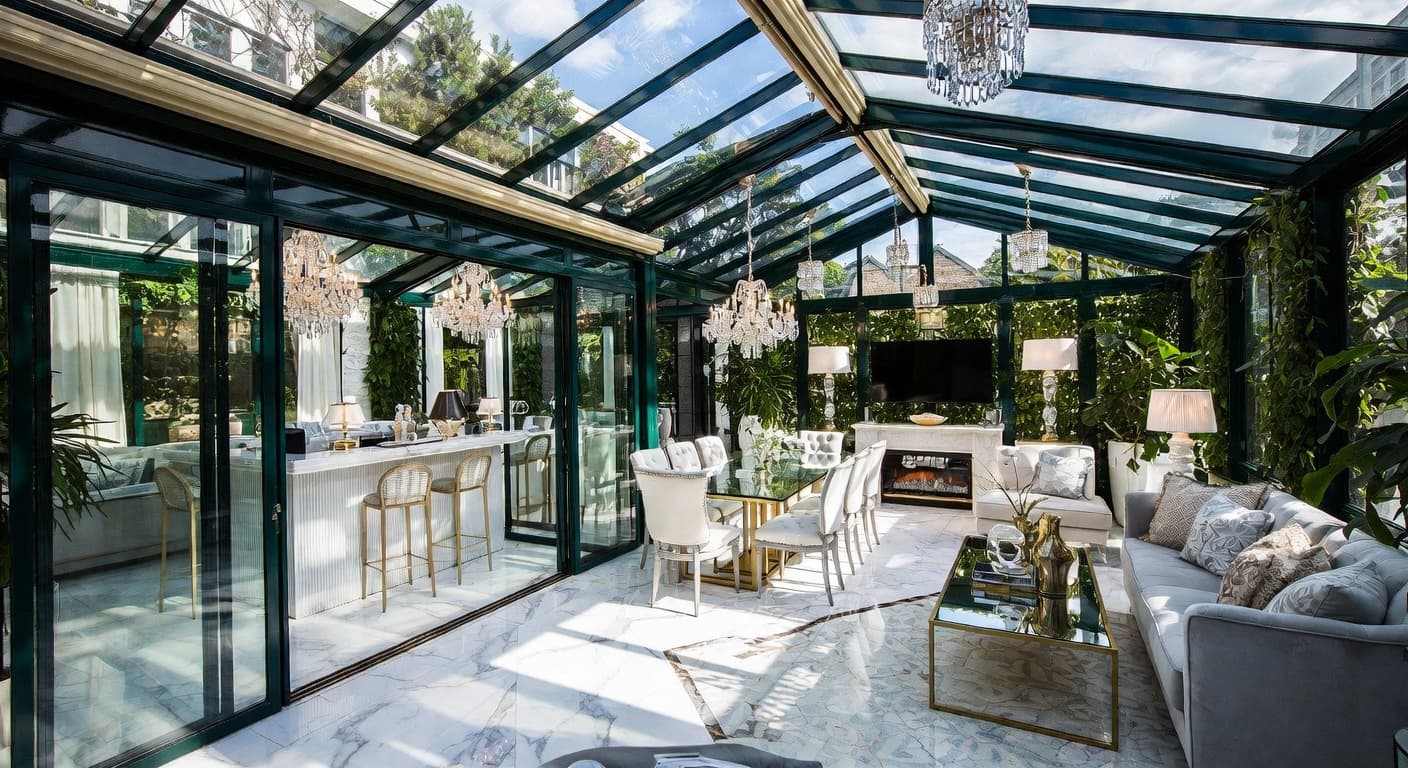 Glam greenhouse interior design - featuring glam style furniture, decor, colors, and layout ideas for your greenhouse