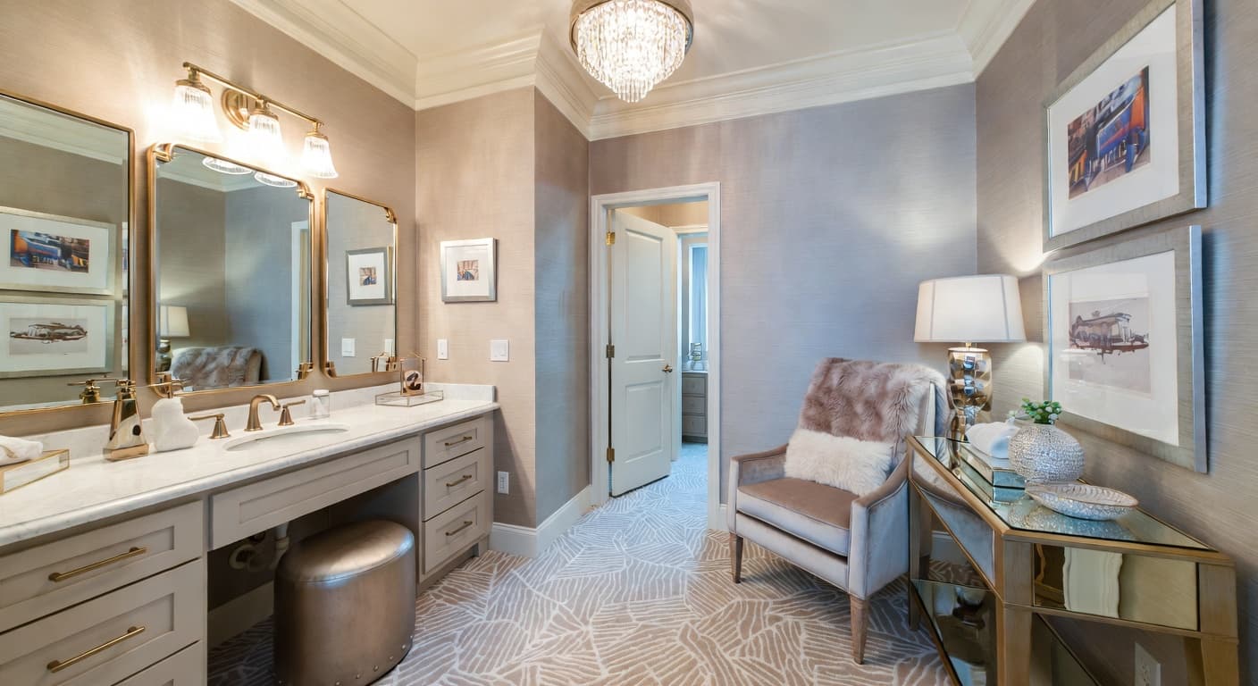 Glam powder room interior design - featuring glam style furniture, decor, colors, and layout ideas for your powder room