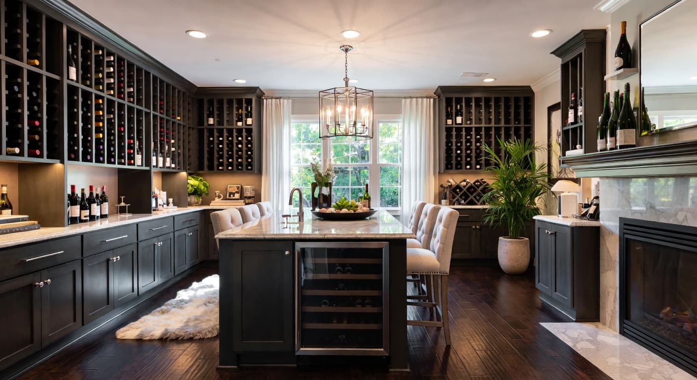 Glam wine cellar interior design - featuring glam style furniture, decor, colors, and layout ideas for your wine cellar