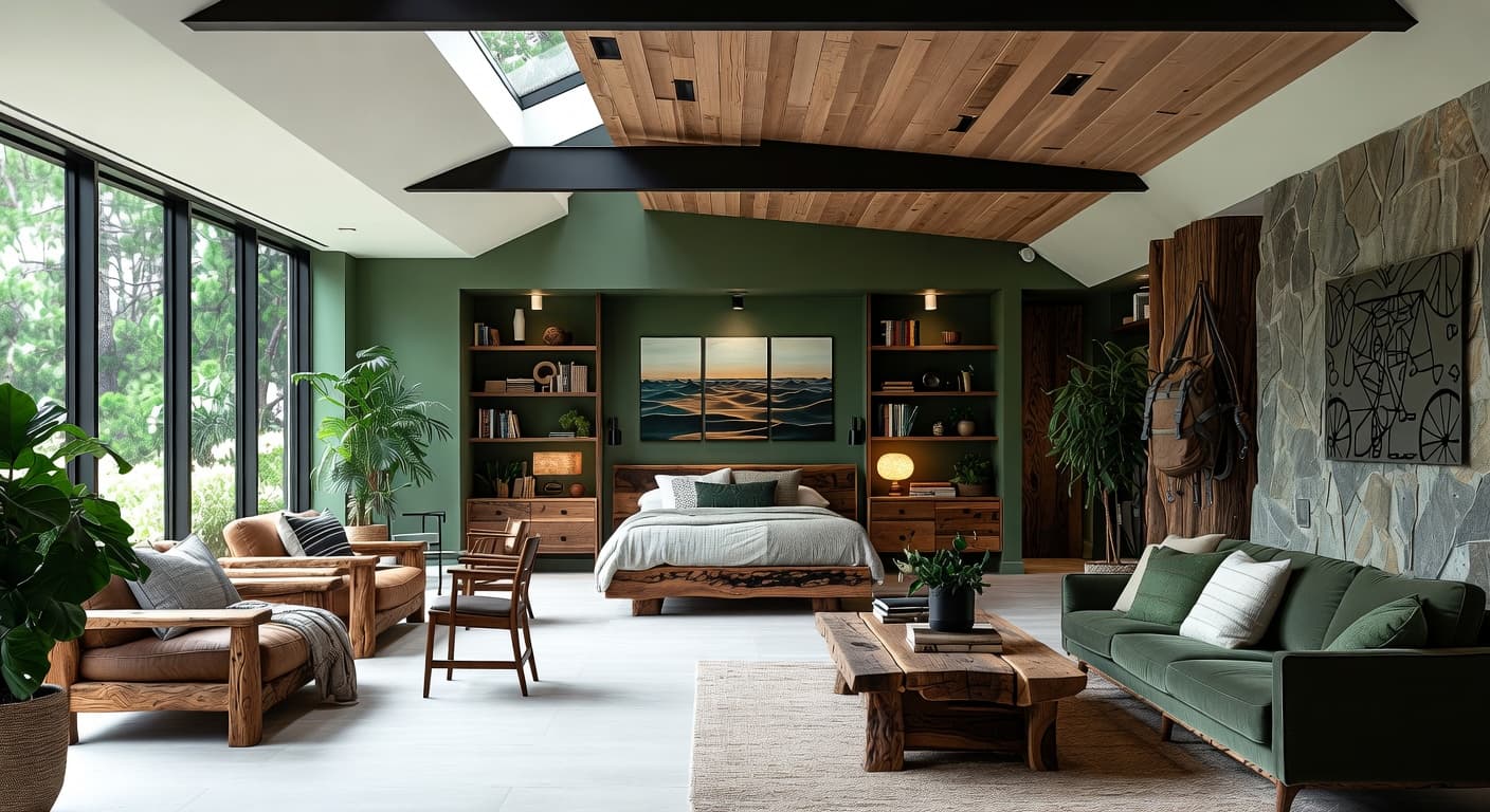 Gorpcore teen room / den interior design - featuring gorpcore style furniture, decor, colors, and layout ideas for your teen room / den