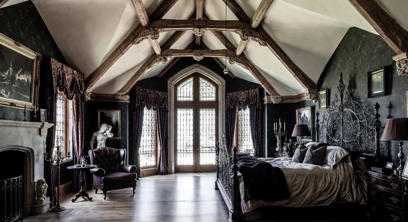 Gothic guest room interior design - featuring gothic style furniture, decor, colors, and layout ideas for your guest room