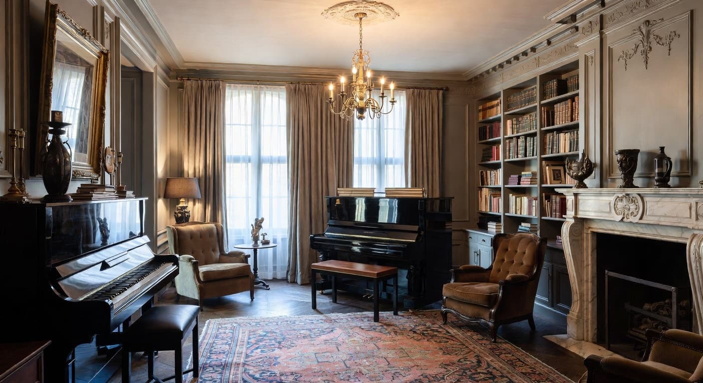 Gothic music room interior design - featuring gothic style furniture, decor, colors, and layout ideas for your music room