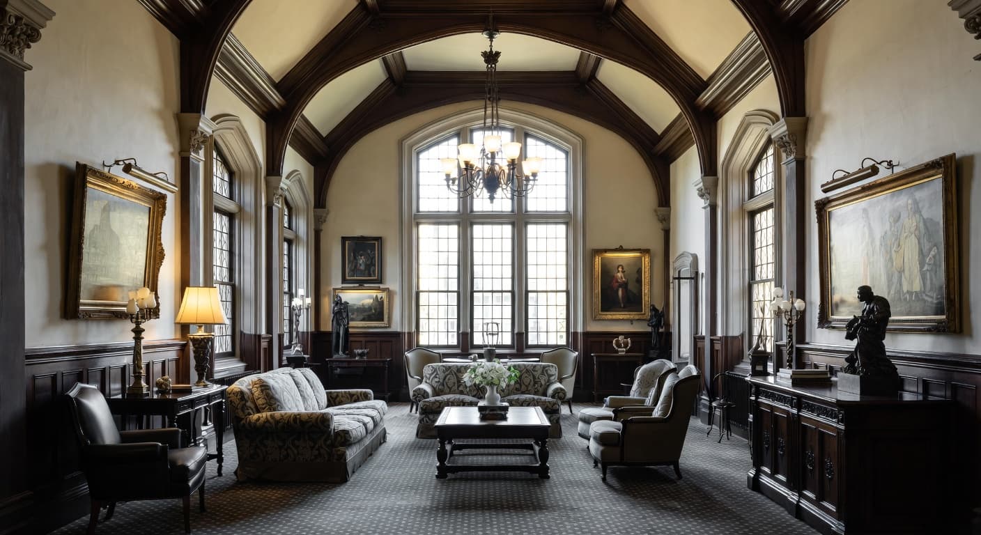 Gothic Revival basement interior design - featuring gothic revival style furniture, decor, colors, and layout ideas for your basement