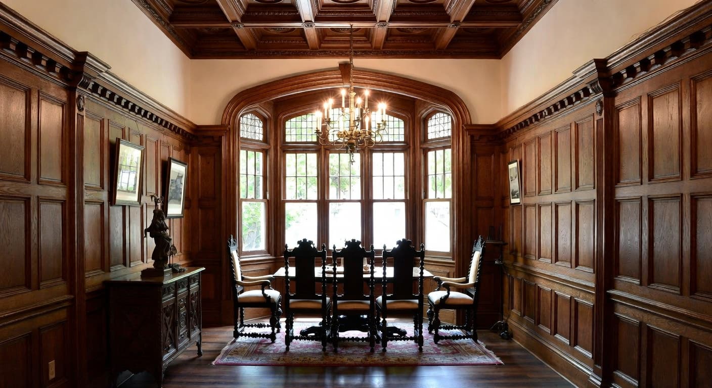 Gothic Revival breakfast nook interior design - featuring gothic revival style furniture, decor, colors, and layout ideas for your breakfast nook