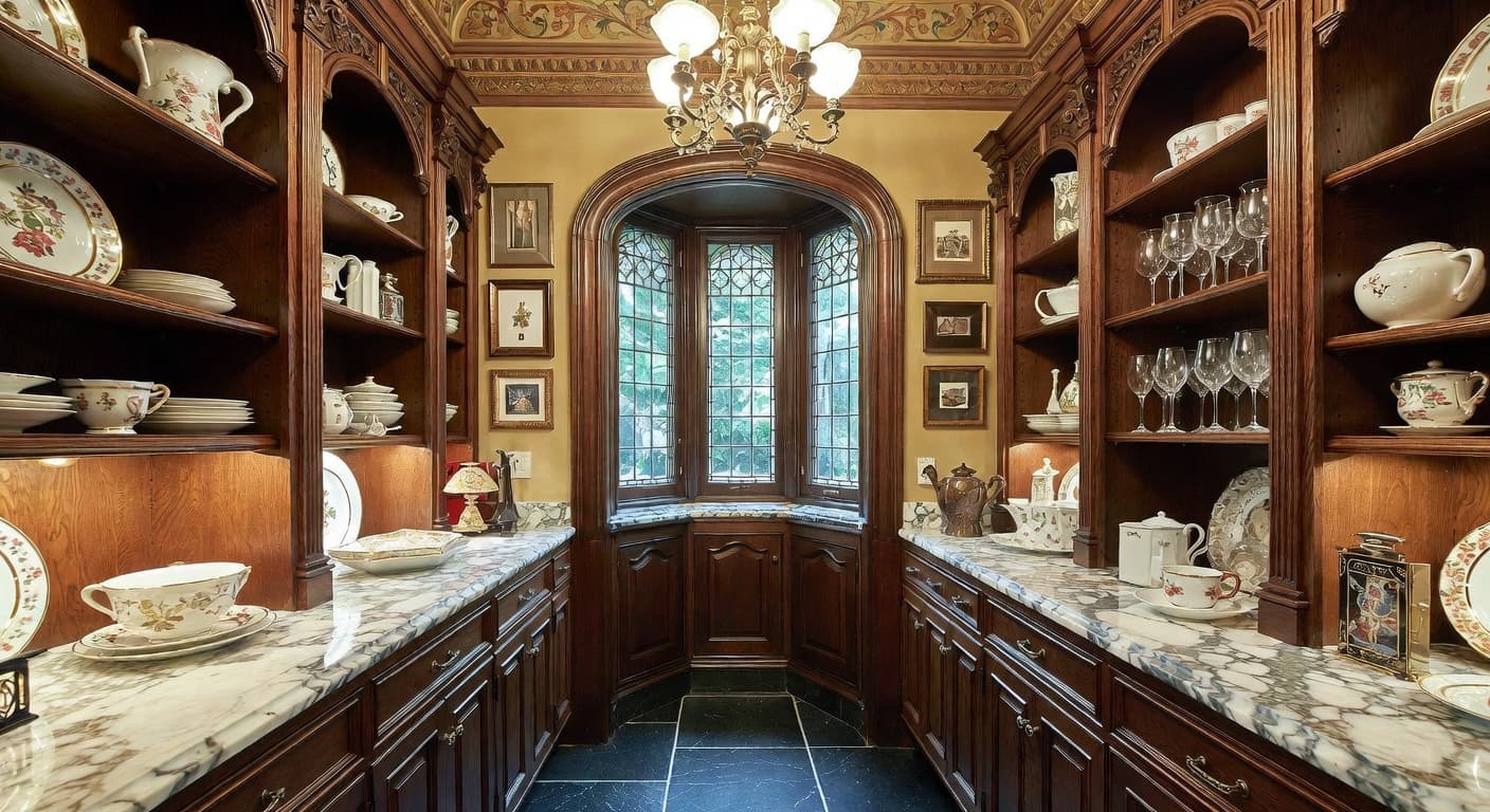 Gothic Revival butler's pantry interior design - featuring gothic revival style furniture, decor, colors, and layout ideas for your butler's pantry