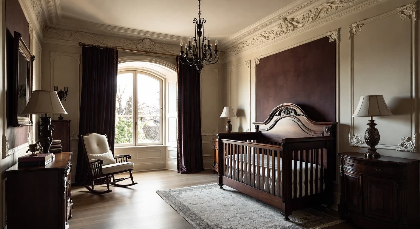 Gothic Revival nursery interior design - featuring gothic revival style furniture, decor, colors, and layout ideas for your nursery
