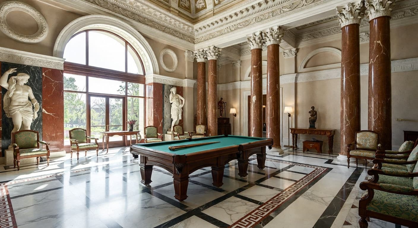 Greco-Roman billiards room interior design - featuring greco-roman style furniture, decor, colors, and layout ideas for your billiards room