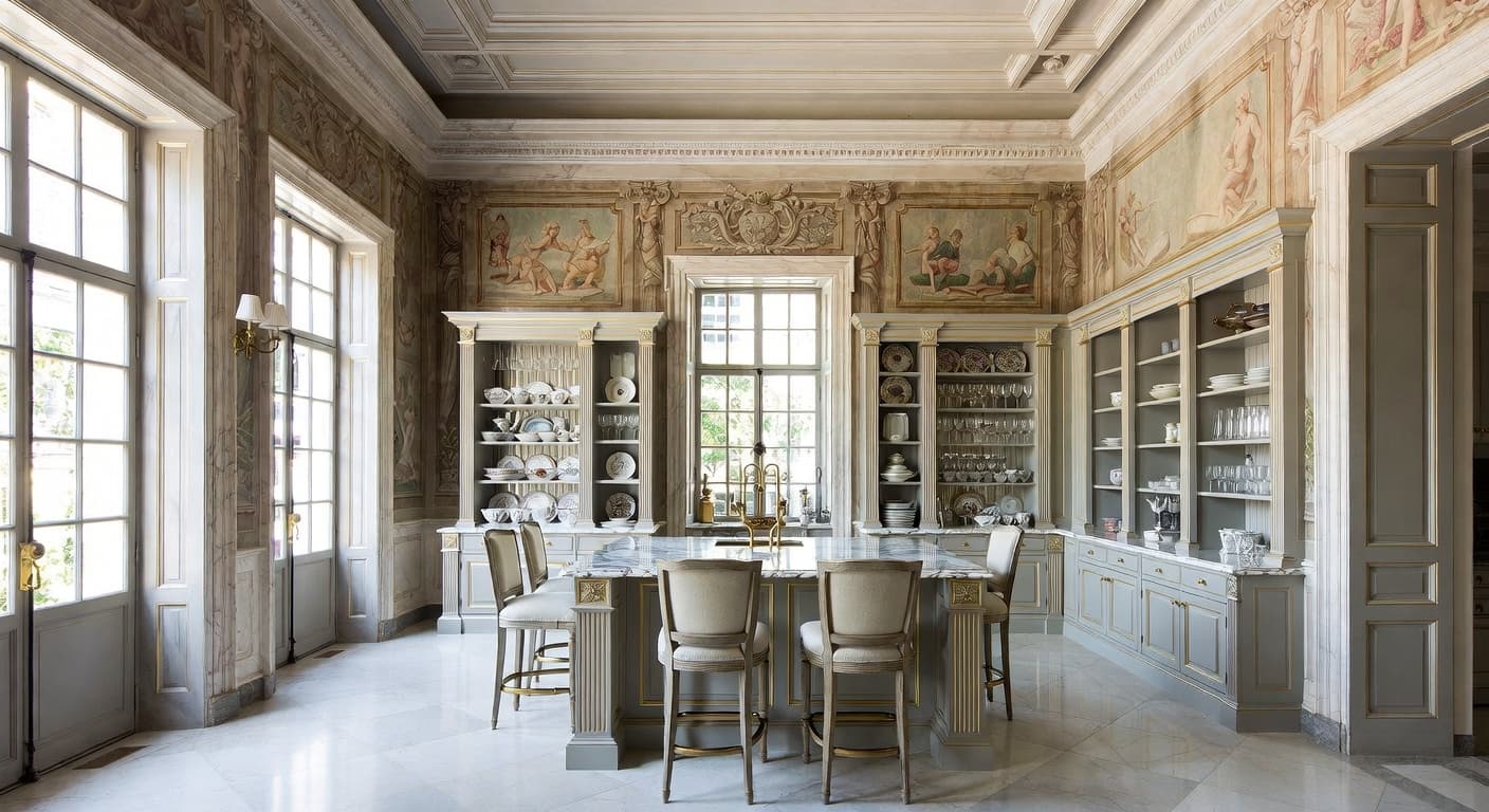 Greco-Roman butler's pantry interior design - featuring greco-roman style furniture, decor, colors, and layout ideas for your butler's pantry