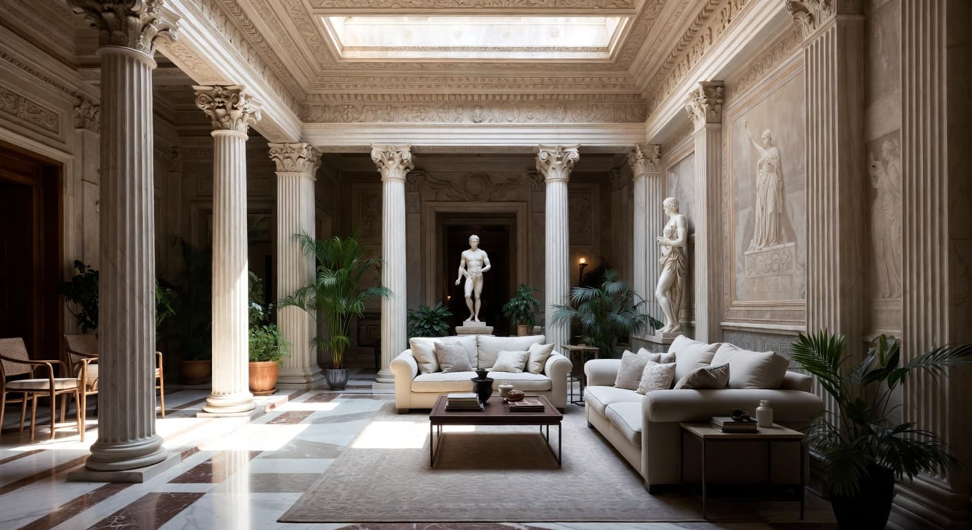 Greco-Roman meditation space interior design - featuring greco-roman style furniture, decor, colors, and layout ideas for your meditation space