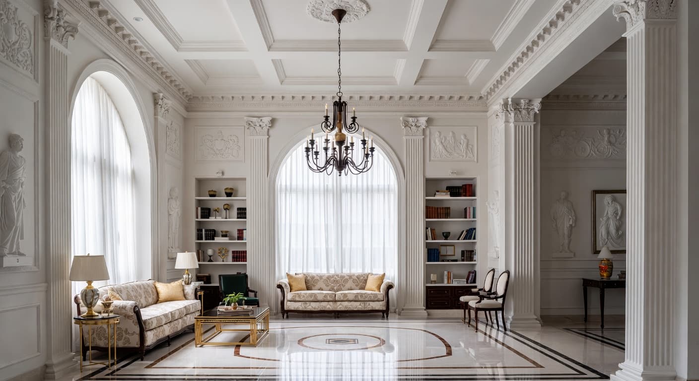 Greco-Roman multi-purpose room interior design - featuring greco-roman style furniture, decor, colors, and layout ideas for your multi-purpose room