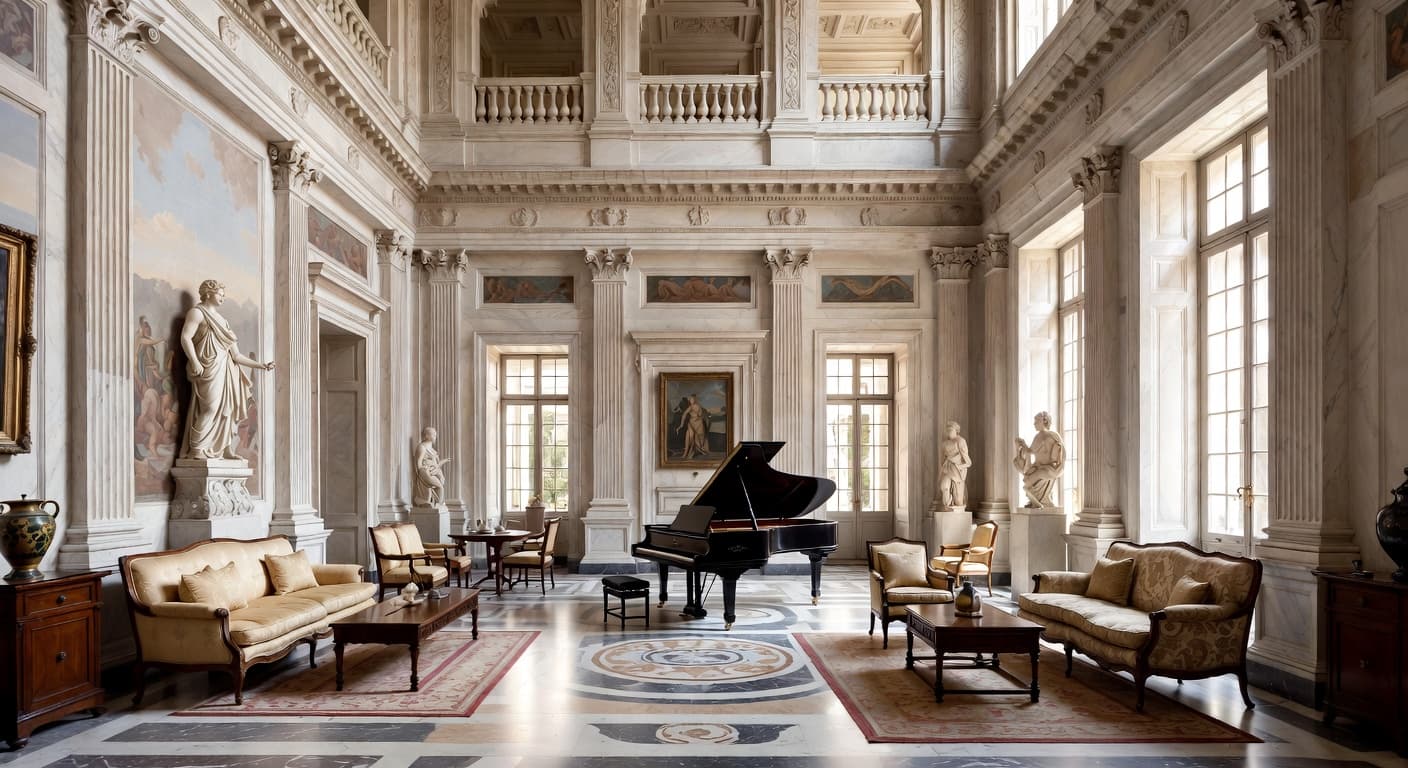 Greco-Roman music room interior design - featuring greco-roman style furniture, decor, colors, and layout ideas for your music room