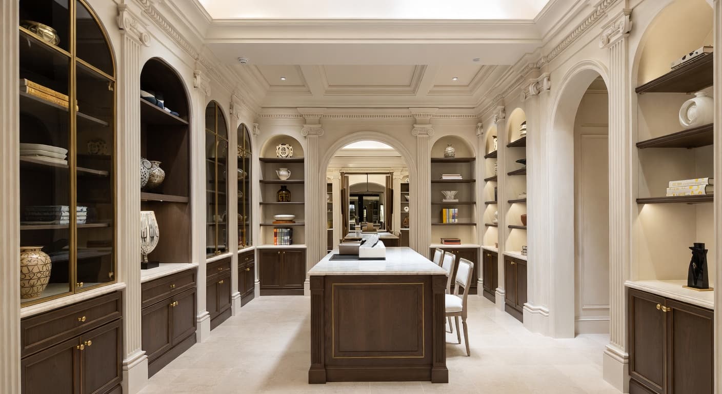 Greco-Roman pantry interior design - featuring greco-roman style furniture, decor, colors, and layout ideas for your pantry