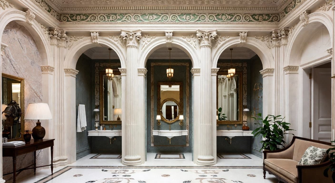 Greco-Roman powder room interior design - featuring greco-roman style furniture, decor, colors, and layout ideas for your powder room