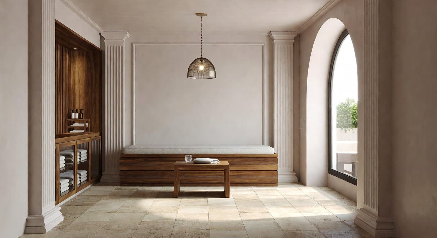 Greco-Roman sauna / spa room interior design - featuring greco-roman style furniture, decor, colors, and layout ideas for your sauna / spa room