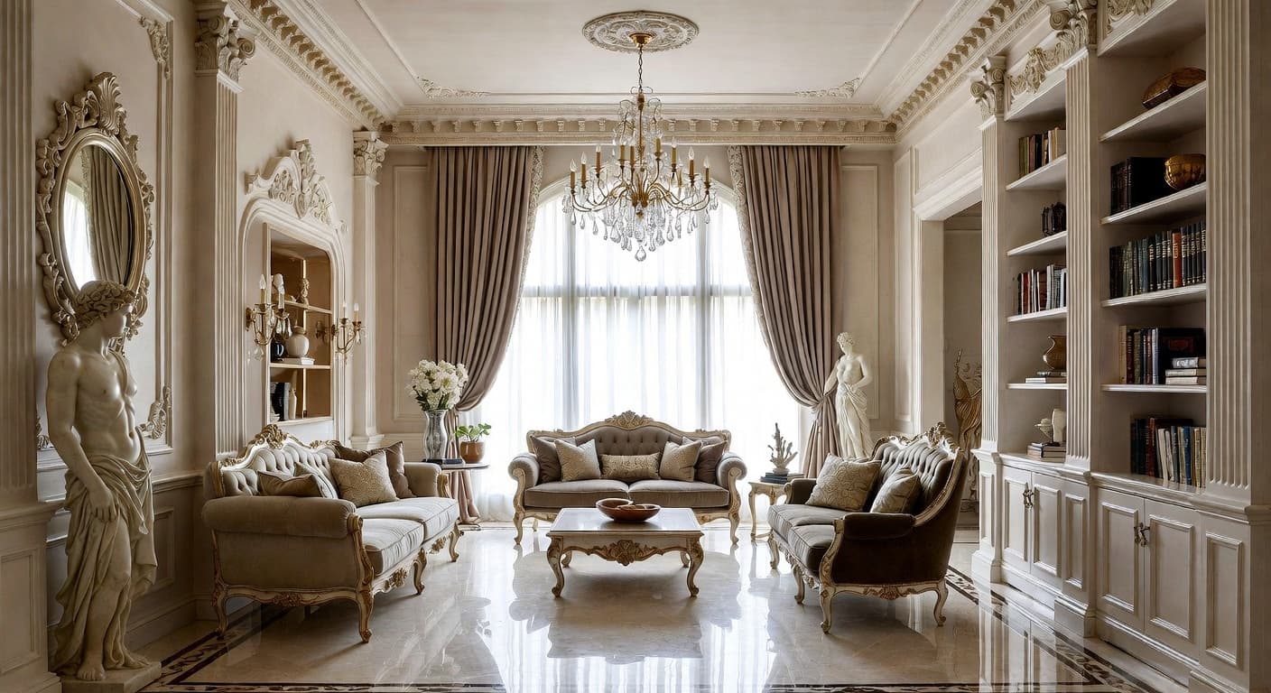 Greco-Roman teen room / den interior design - featuring greco-roman style furniture, decor, colors, and layout ideas for your teen room / den