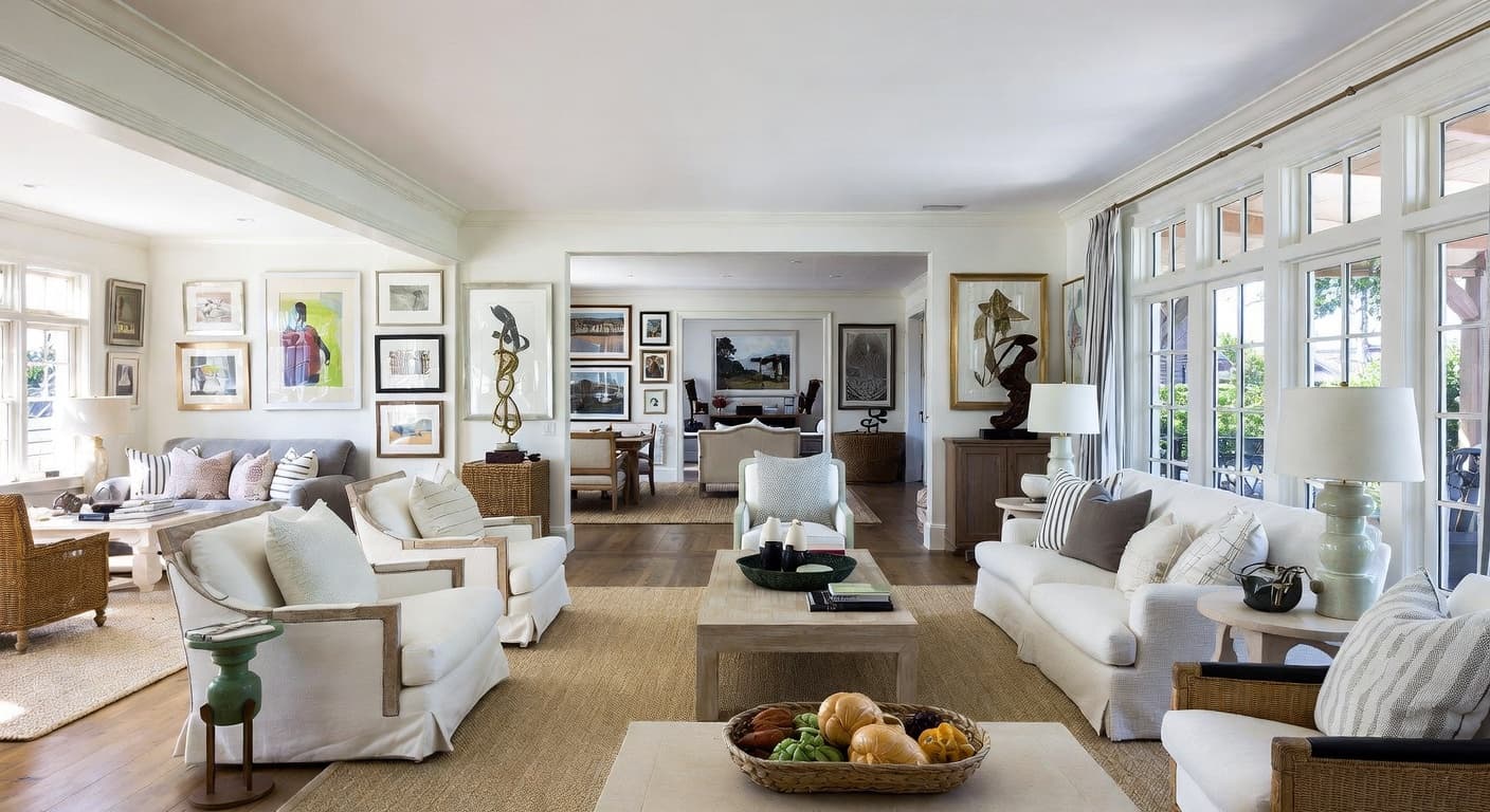 Hamptons gallery / art display interior design - featuring hamptons style furniture, decor, colors, and layout ideas for your gallery / art display