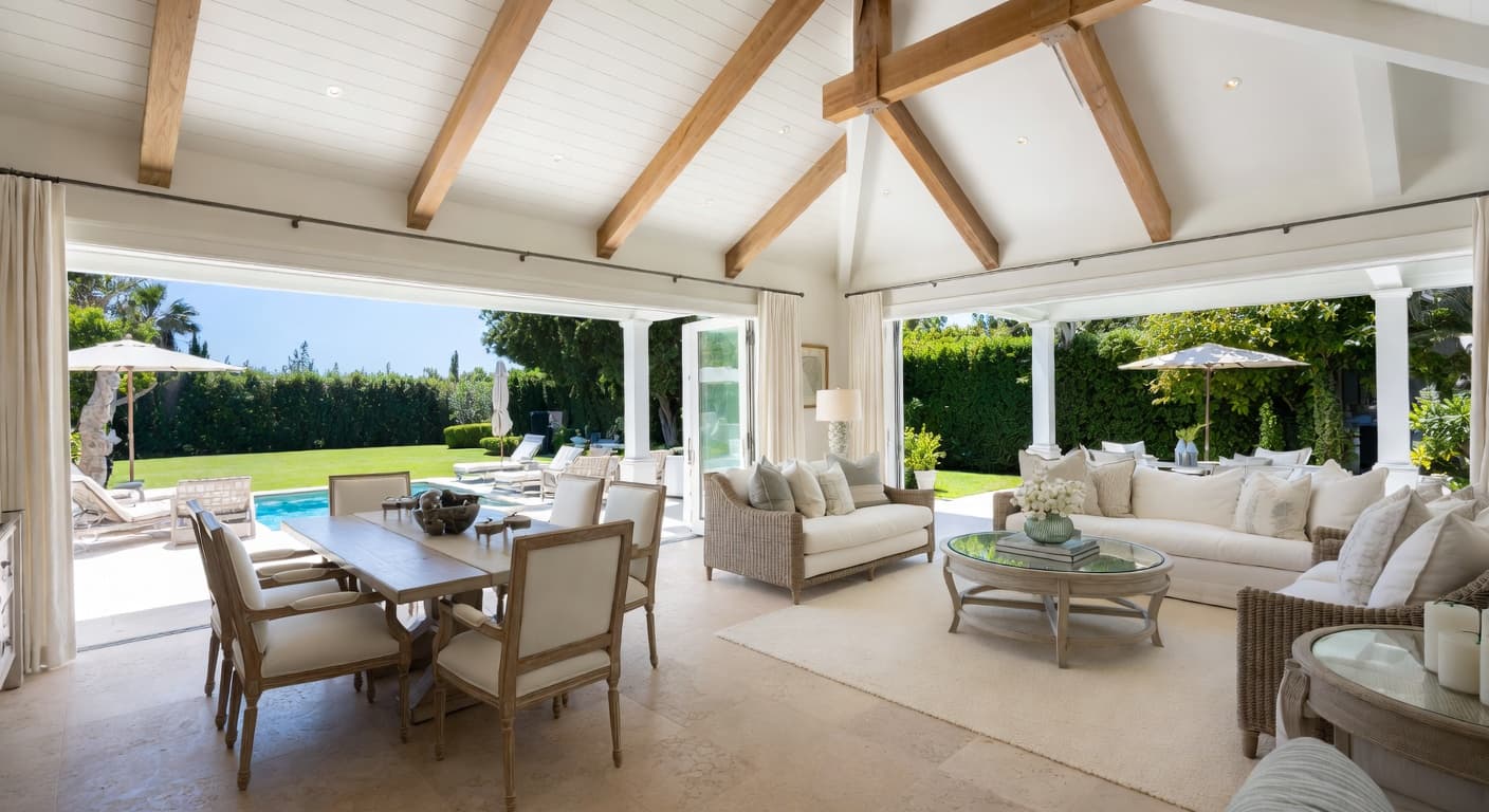 Hamptons outdoor space interior design - featuring hamptons style furniture, decor, colors, and layout ideas for your outdoor space