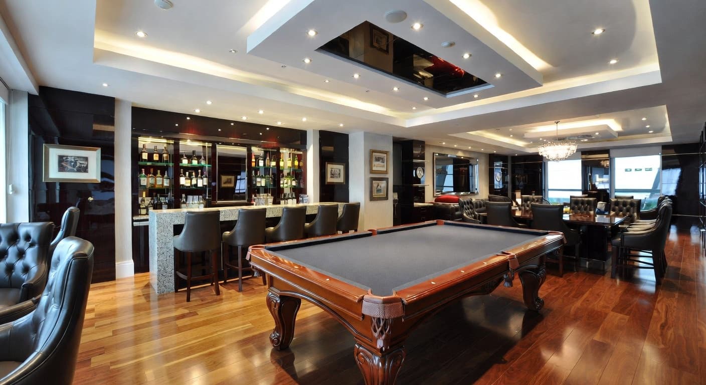 High-Tech billiards room interior design - featuring high-tech style furniture, decor, colors, and layout ideas for your billiards room
