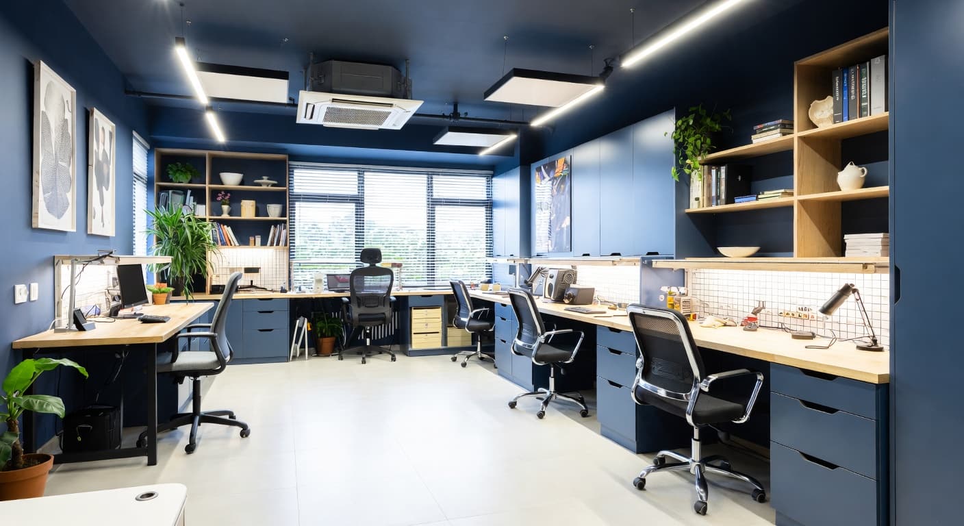 High-Tech craft room / studio interior design - featuring high-tech style furniture, decor, colors, and layout ideas for your craft room / studio