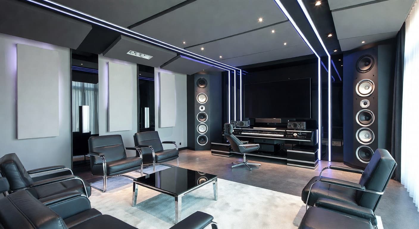 High-Tech music room interior design - featuring high-tech style furniture, decor, colors, and layout ideas for your music room