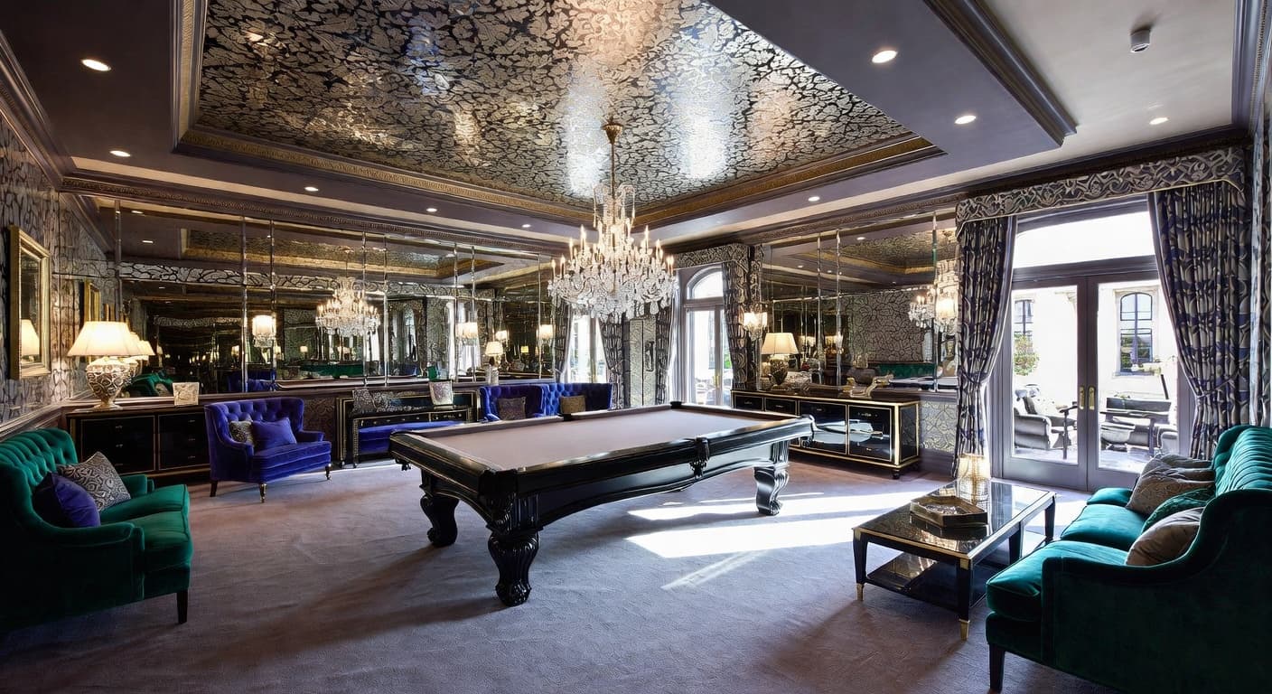 Hollywood Regency billiards room interior design - featuring hollywood regency style furniture, decor, colors, and layout ideas for your billiards room