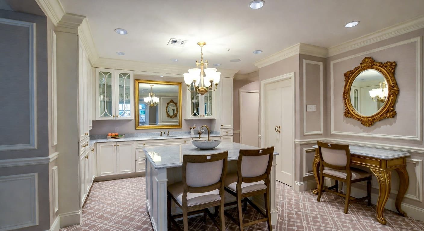 Hollywood Regency butler's pantry interior design - featuring hollywood regency style furniture, decor, colors, and layout ideas for your butler's pantry