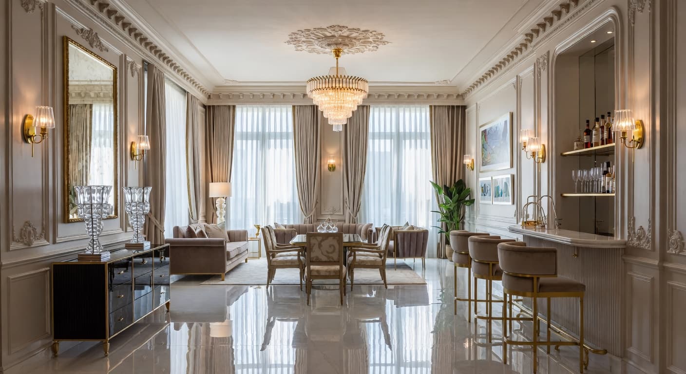 Hollywood Regency multi-purpose room interior design - featuring hollywood regency style furniture, decor, colors, and layout ideas for your multi-purpose room