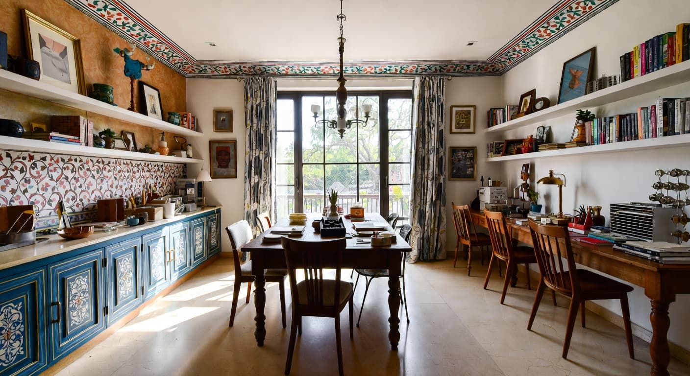 Indian craft room / studio interior design - featuring indian style furniture, decor, colors, and layout ideas for your craft room / studio