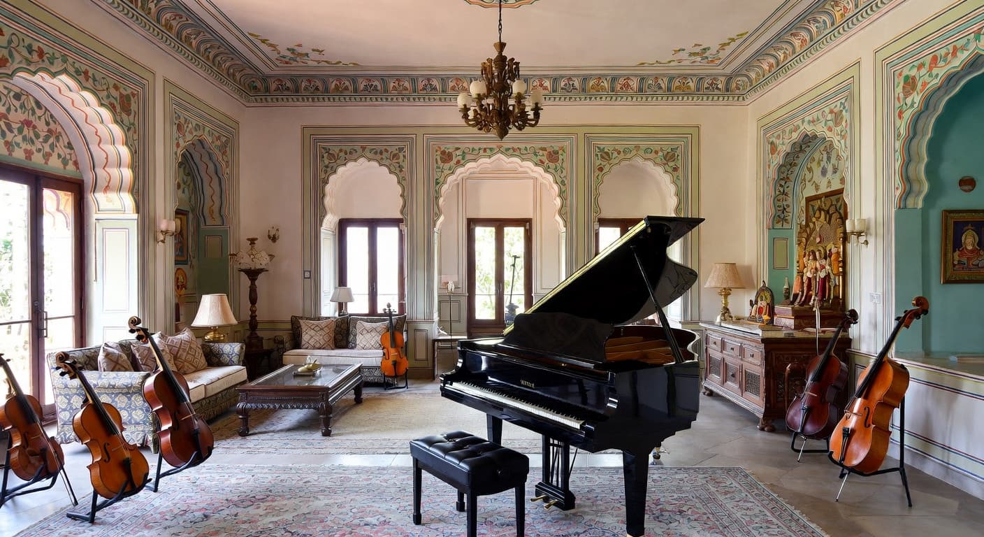 Indian music room interior design - featuring indian style furniture, decor, colors, and layout ideas for your music room
