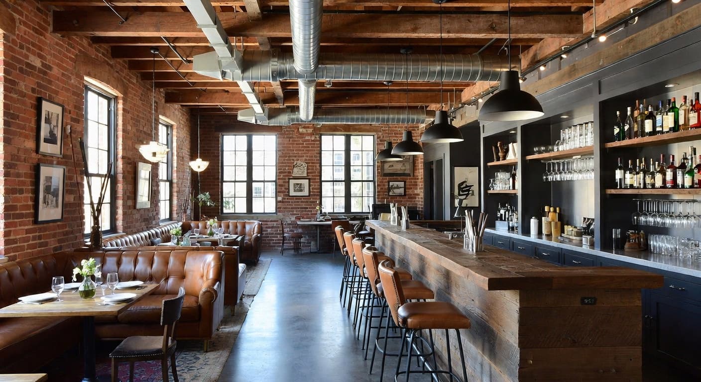 Industrial Farmhouse bar room interior design - featuring industrial farmhouse style furniture, decor, colors, and layout ideas for your bar room
