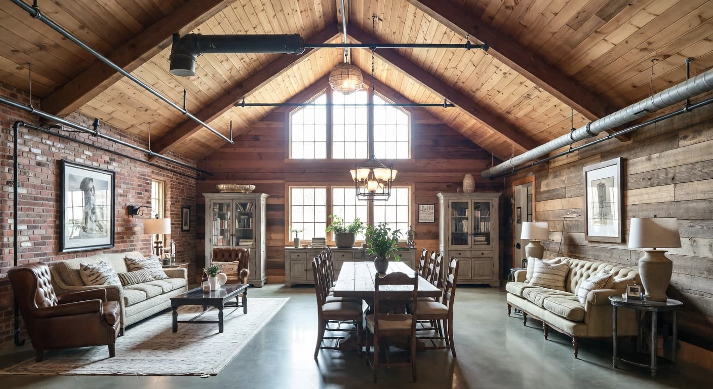 Industrial Farmhouse basement interior design - featuring industrial farmhouse style furniture, decor, colors, and layout ideas for your basement