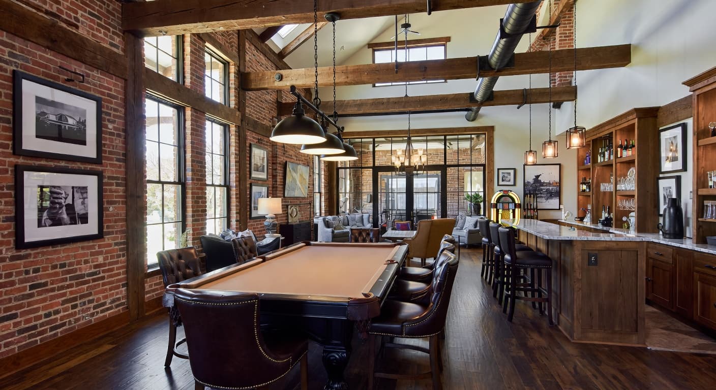 Industrial Farmhouse billiards room interior design - featuring industrial farmhouse style furniture, decor, colors, and layout ideas for your billiards room