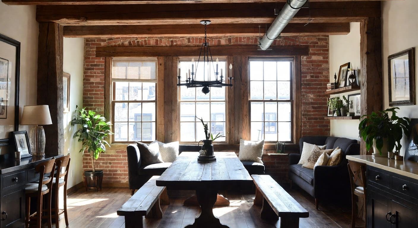 Industrial Farmhouse breakfast nook interior design - featuring industrial farmhouse style furniture, decor, colors, and layout ideas for your breakfast nook