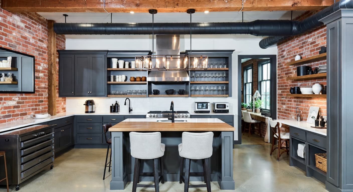 Industrial Farmhouse butler's pantry interior design - featuring industrial farmhouse style furniture, decor, colors, and layout ideas for your butler's pantry