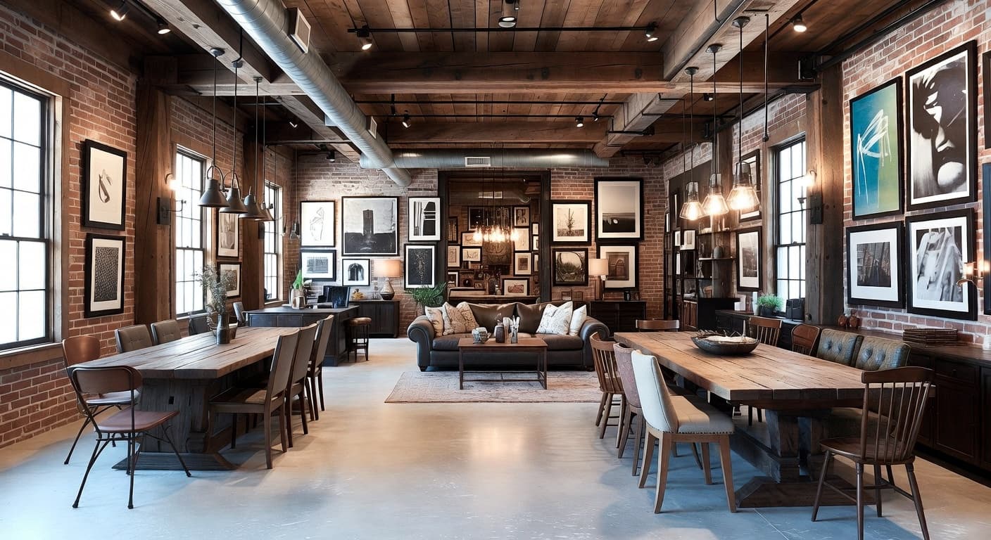 Industrial Farmhouse gallery / art display interior design - featuring industrial farmhouse style furniture, decor, colors, and layout ideas for your gallery / art display