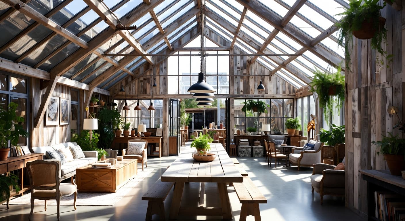Industrial Farmhouse greenhouse interior design - featuring industrial farmhouse style furniture, decor, colors, and layout ideas for your greenhouse