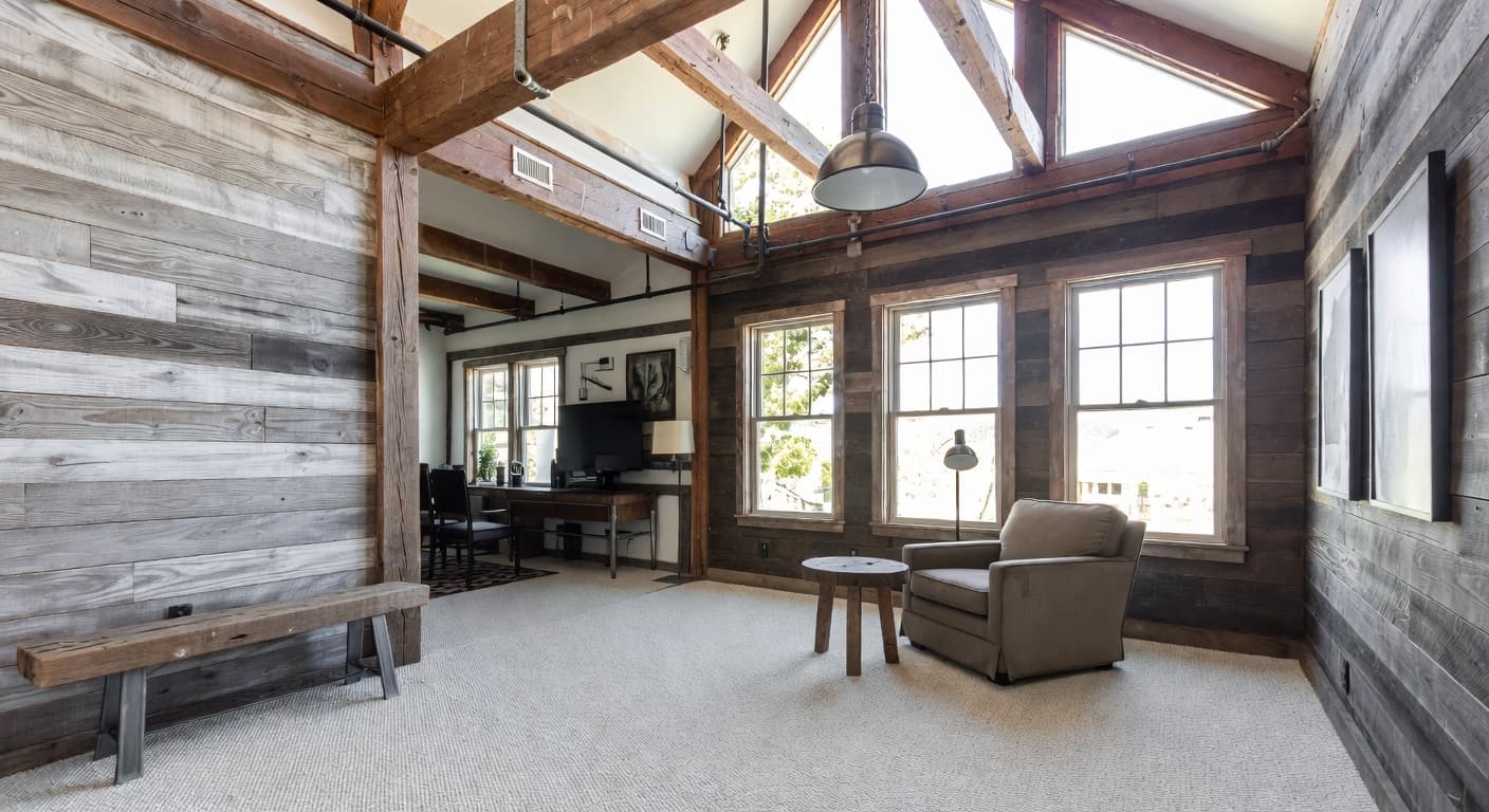 Industrial Farmhouse meditation space interior design - featuring industrial farmhouse style furniture, decor, colors, and layout ideas for your meditation space