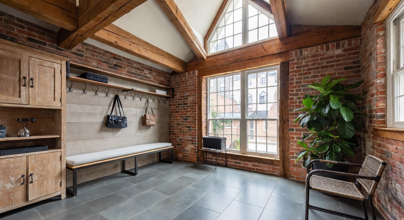 Industrial Farmhouse mudroom interior design - featuring industrial farmhouse style furniture, decor, colors, and layout ideas for your mudroom