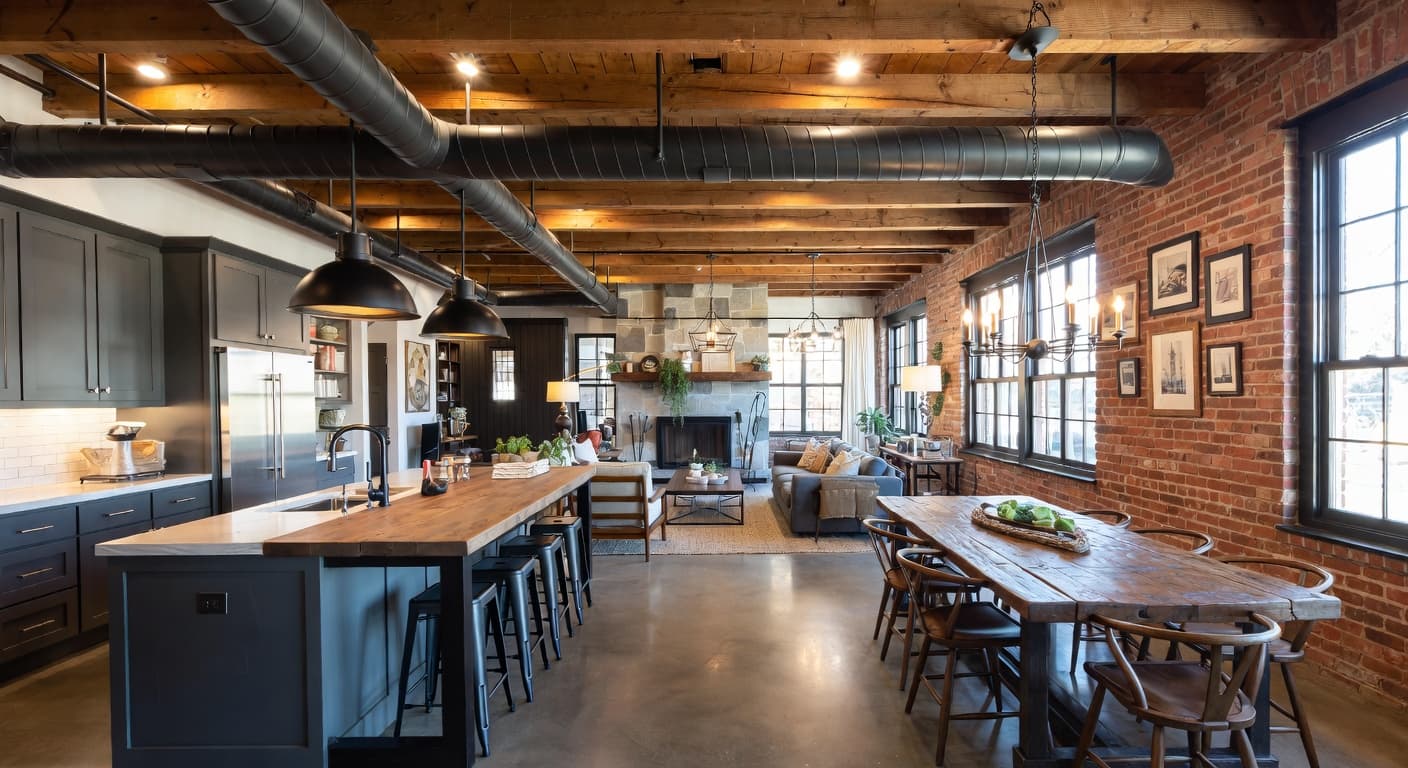 Industrial Farmhouse multi-purpose room interior design - featuring industrial farmhouse style furniture, decor, colors, and layout ideas for your multi-purpose room