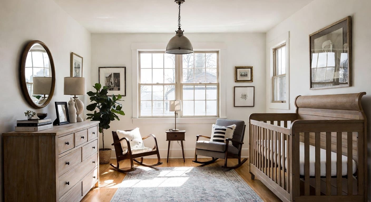 Industrial Farmhouse nursery interior design - featuring industrial farmhouse style furniture, decor, colors, and layout ideas for your nursery