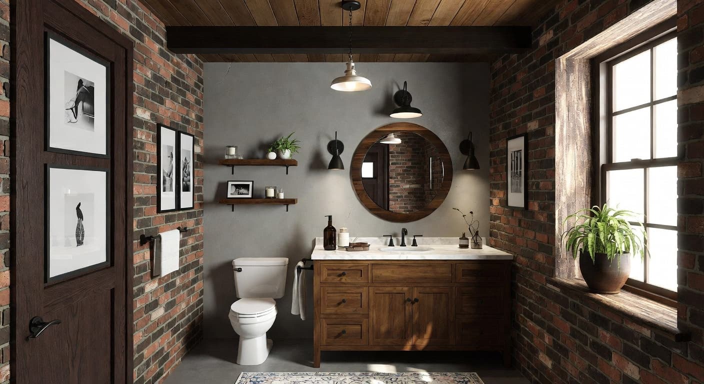 Industrial Farmhouse powder room interior design - featuring industrial farmhouse style furniture, decor, colors, and layout ideas for your powder room