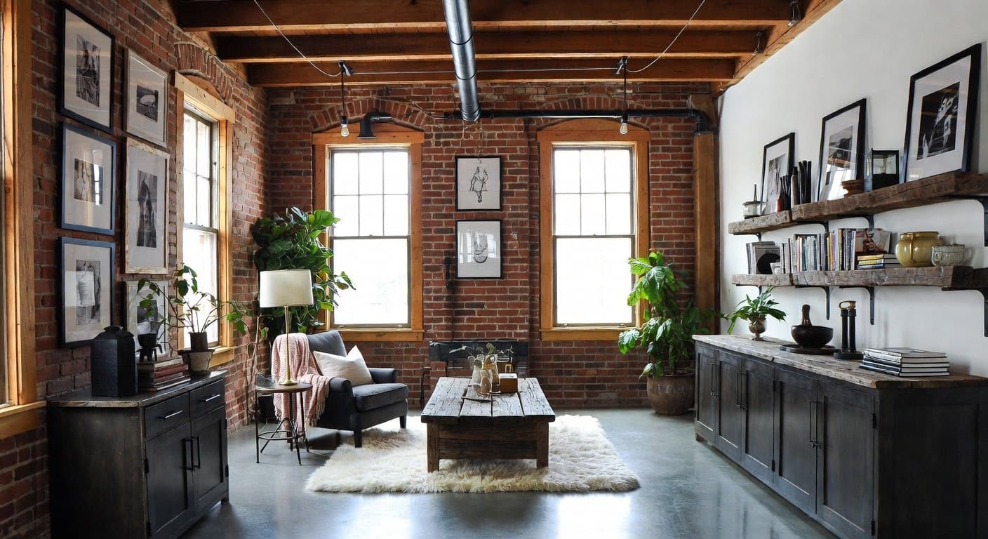 Industrial Farmhouse reading nook interior design - featuring industrial farmhouse style furniture, decor, colors, and layout ideas for your reading nook