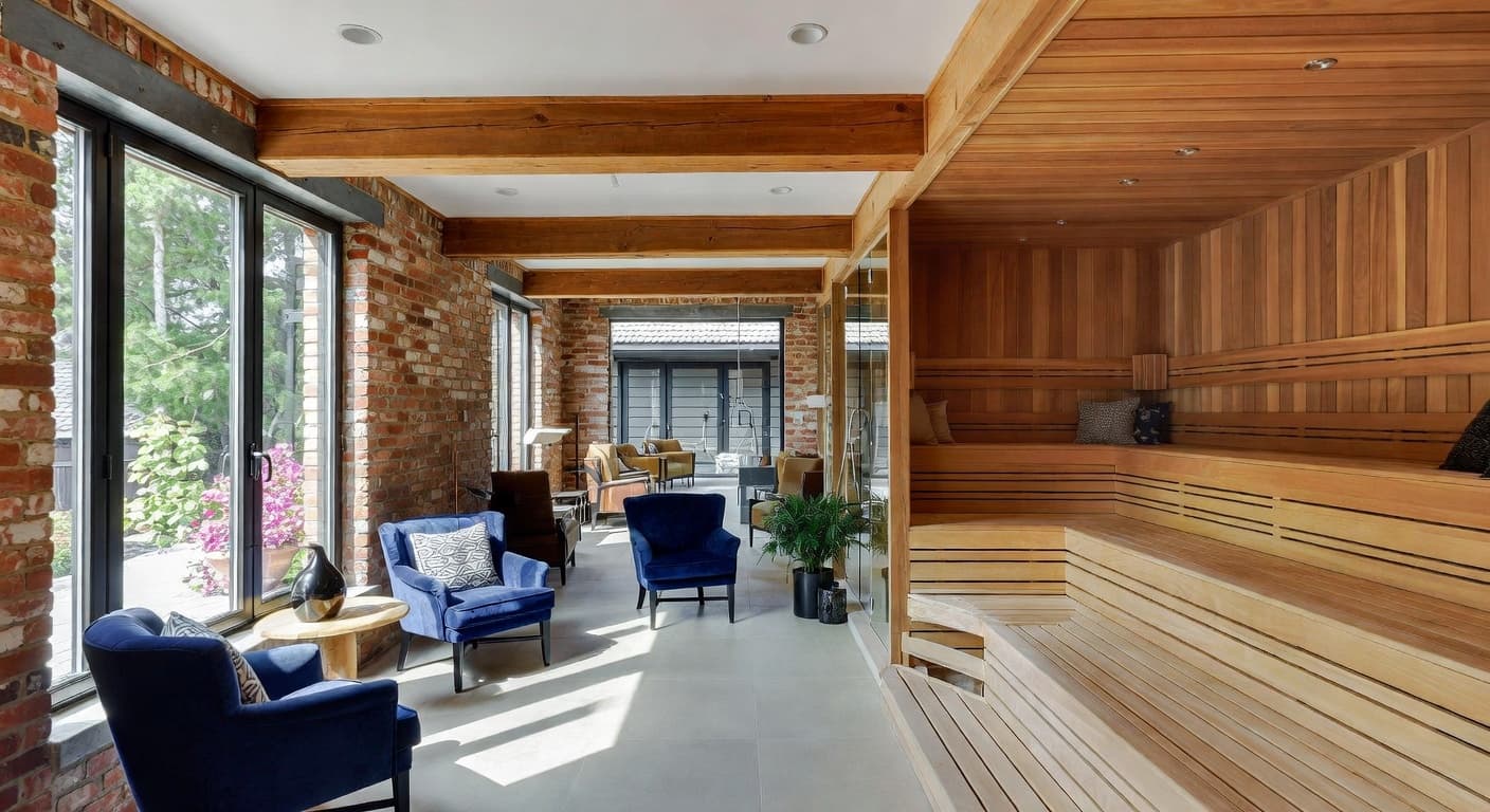 Industrial Farmhouse sauna / spa room interior design - featuring industrial farmhouse style furniture, decor, colors, and layout ideas for your sauna / spa room