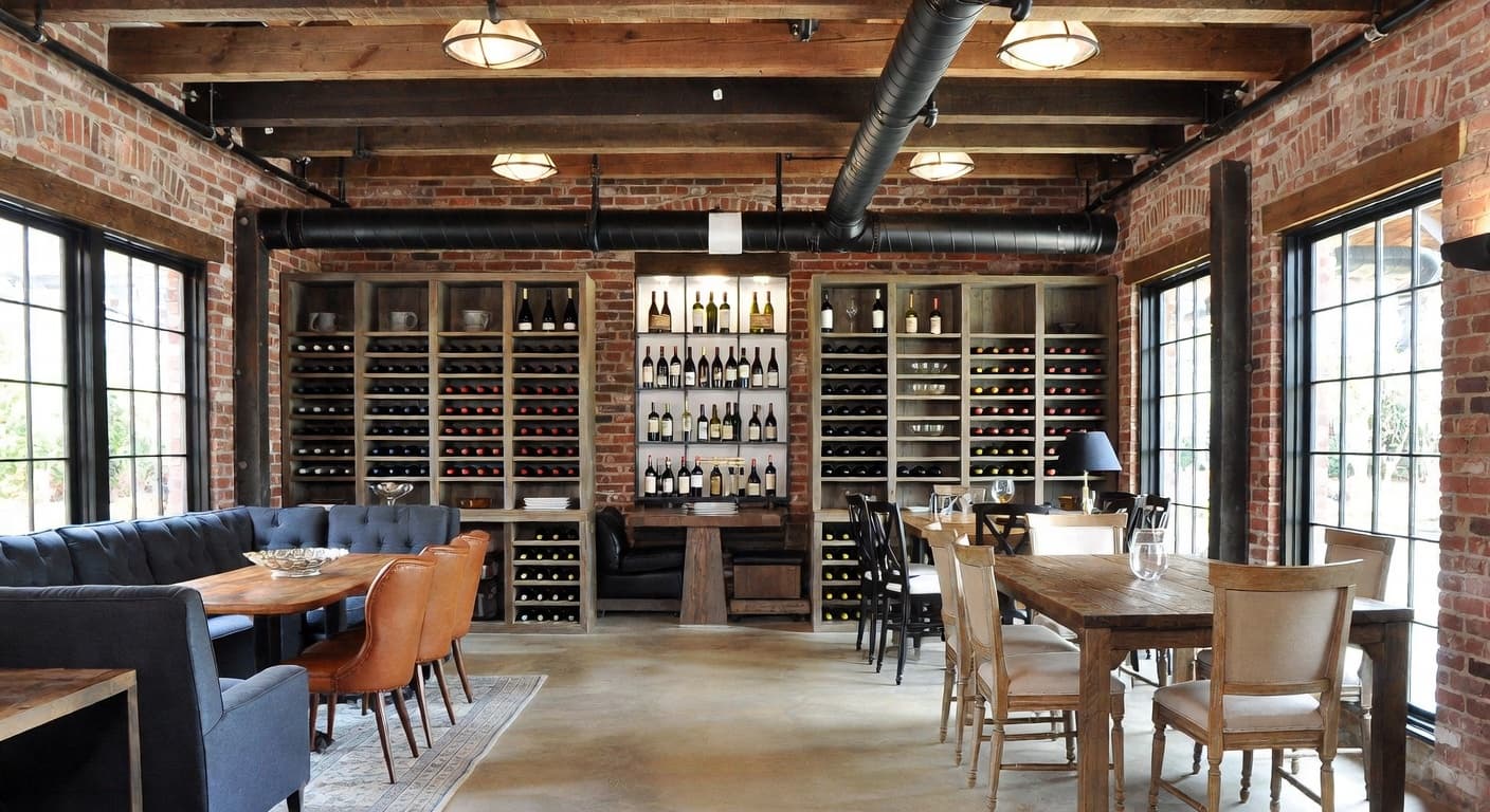 Industrial Farmhouse wine cellar interior design - featuring industrial farmhouse style furniture, decor, colors, and layout ideas for your wine cellar