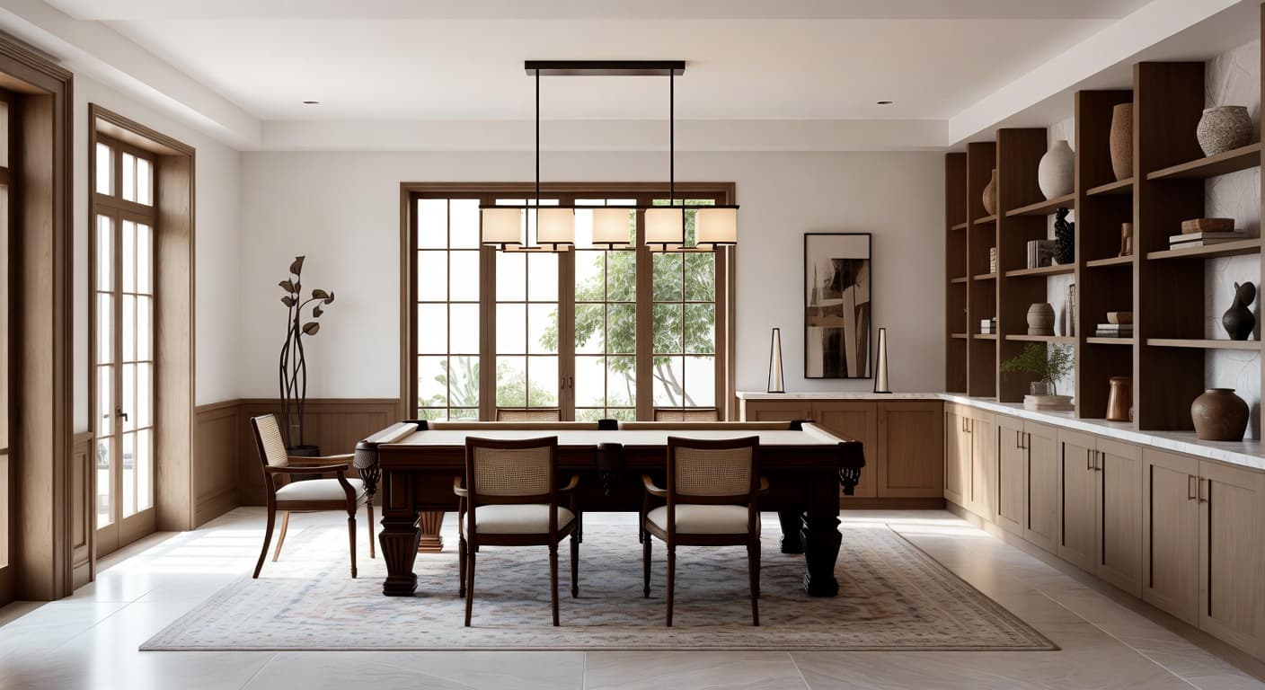 Japandi billiards room interior design - featuring japandi style furniture, decor, colors, and layout ideas for your billiards room