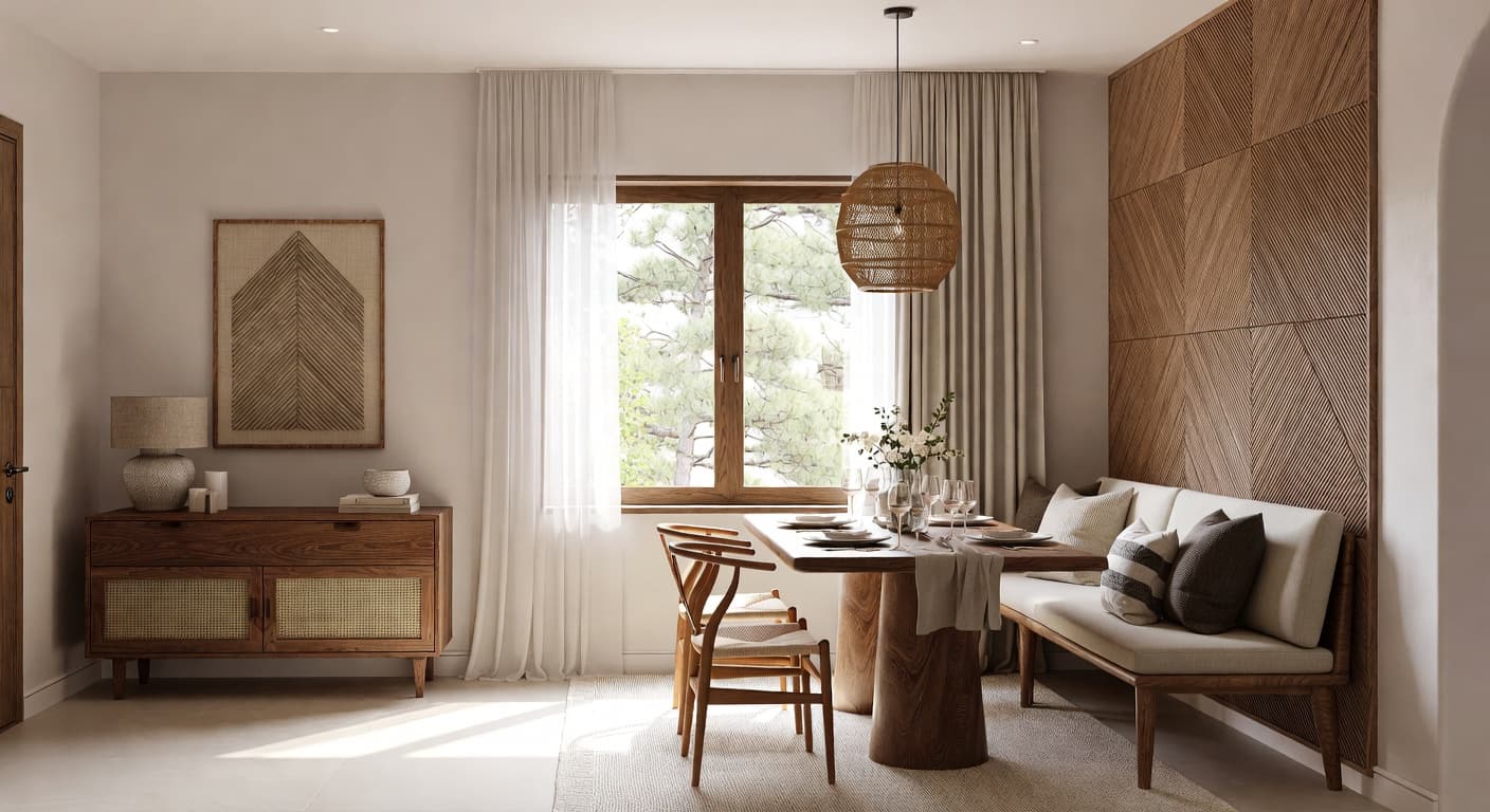 Japandi breakfast nook interior design - featuring japandi style furniture, decor, colors, and layout ideas for your breakfast nook