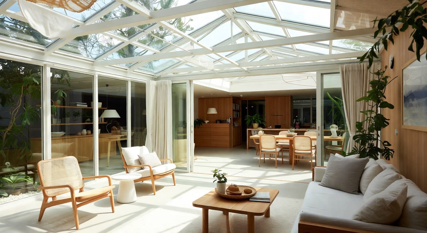 Japandi greenhouse interior design - featuring japandi style furniture, decor, colors, and layout ideas for your greenhouse