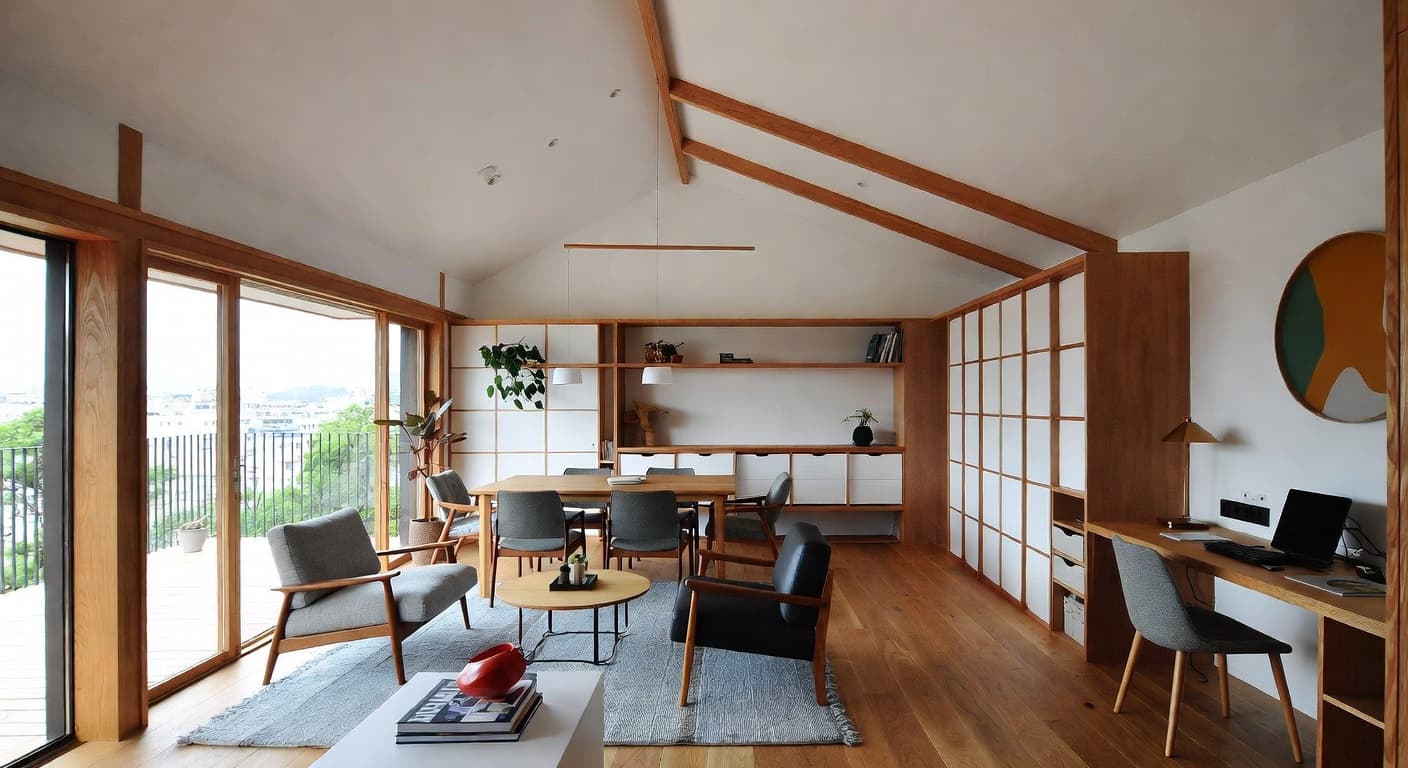 Japandi multi-purpose room interior design - featuring japandi style furniture, decor, colors, and layout ideas for your multi-purpose room